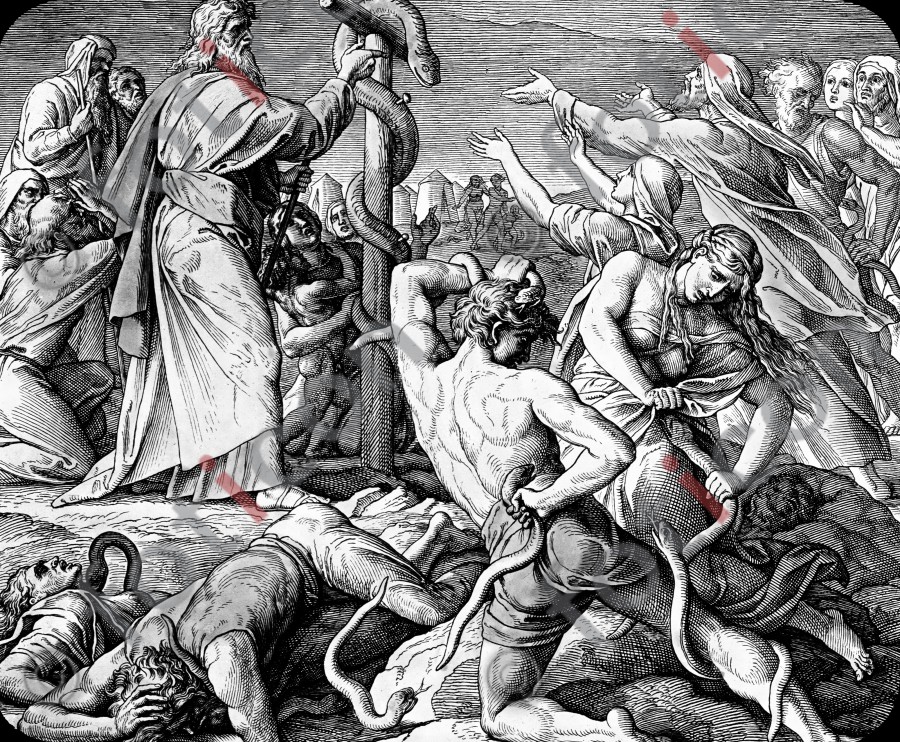 Die gebissenen Israeliten genesen beim Anblick der ehernen Schlange | The bitten Israelites recovered at the sight of the brazen serpent  (foticon-simon-045-sw-057.jpg)